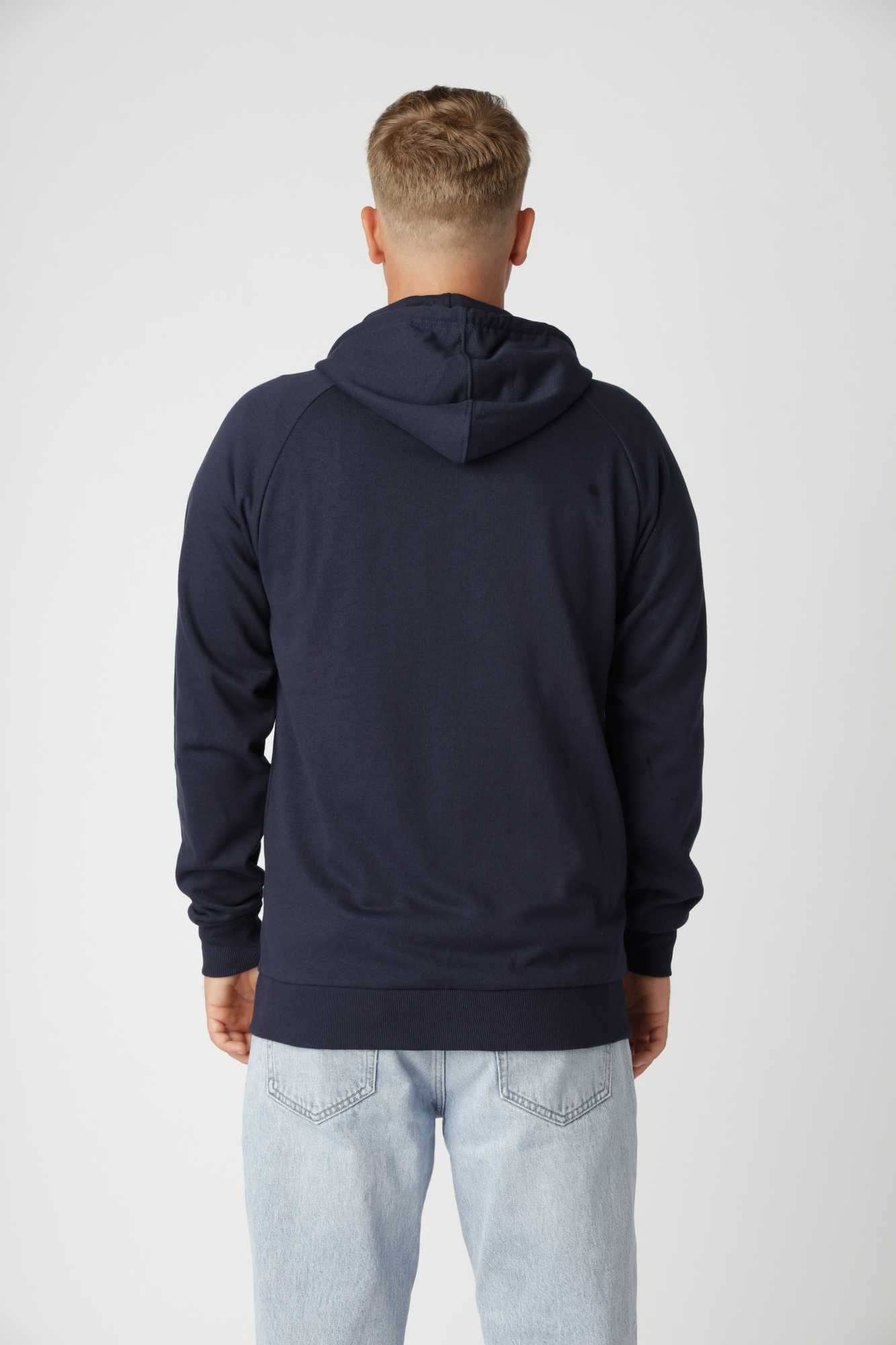 Navy Basic zip-up hoodie med gennemgående metal-lynlås og justerbar hætte.
